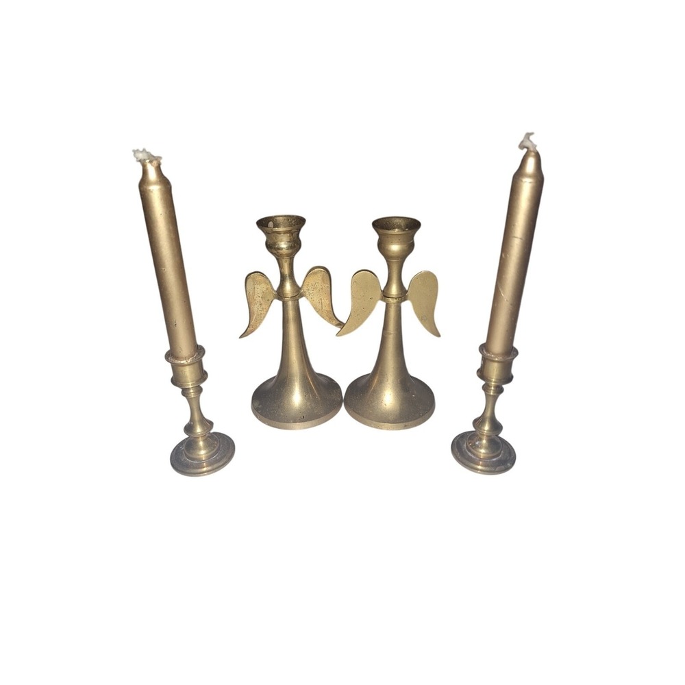 Vintage Lot 4 Holiday Brass Small Angel & Denmark Brass Candlestick Holders